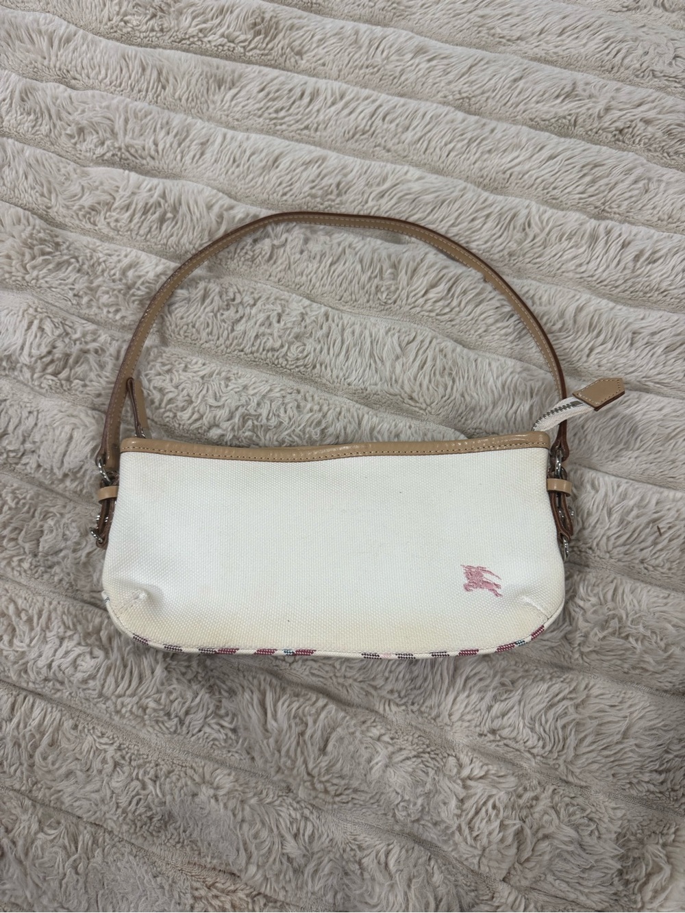 Burberry White Canvas Shoulder Bag with Tan Leather Trim and Pink Accent
